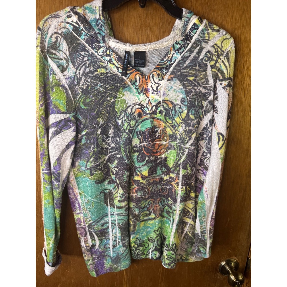 Saint Tropez West Womens Large Graphic Print Hooded Knit Top Multi Color V-Neck